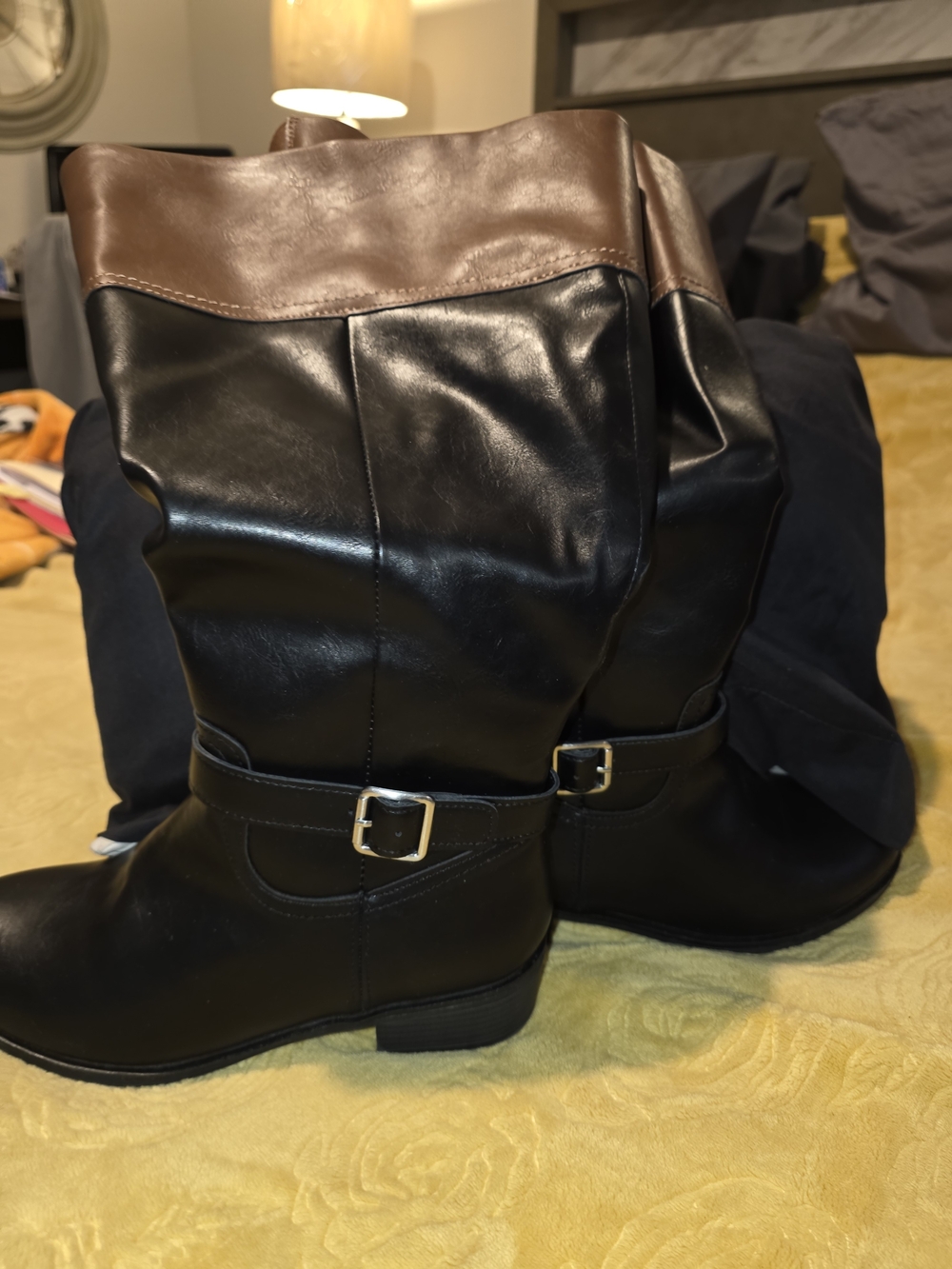 Covington Black Boots with Brown Cuff and Buckle